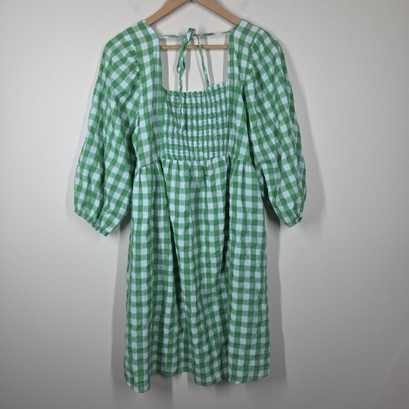 Umgee Green Blue Gingham Babydoll Mini Dress 3/4 Sleeve Tie Back Large Preppy - Picture 6 of 9